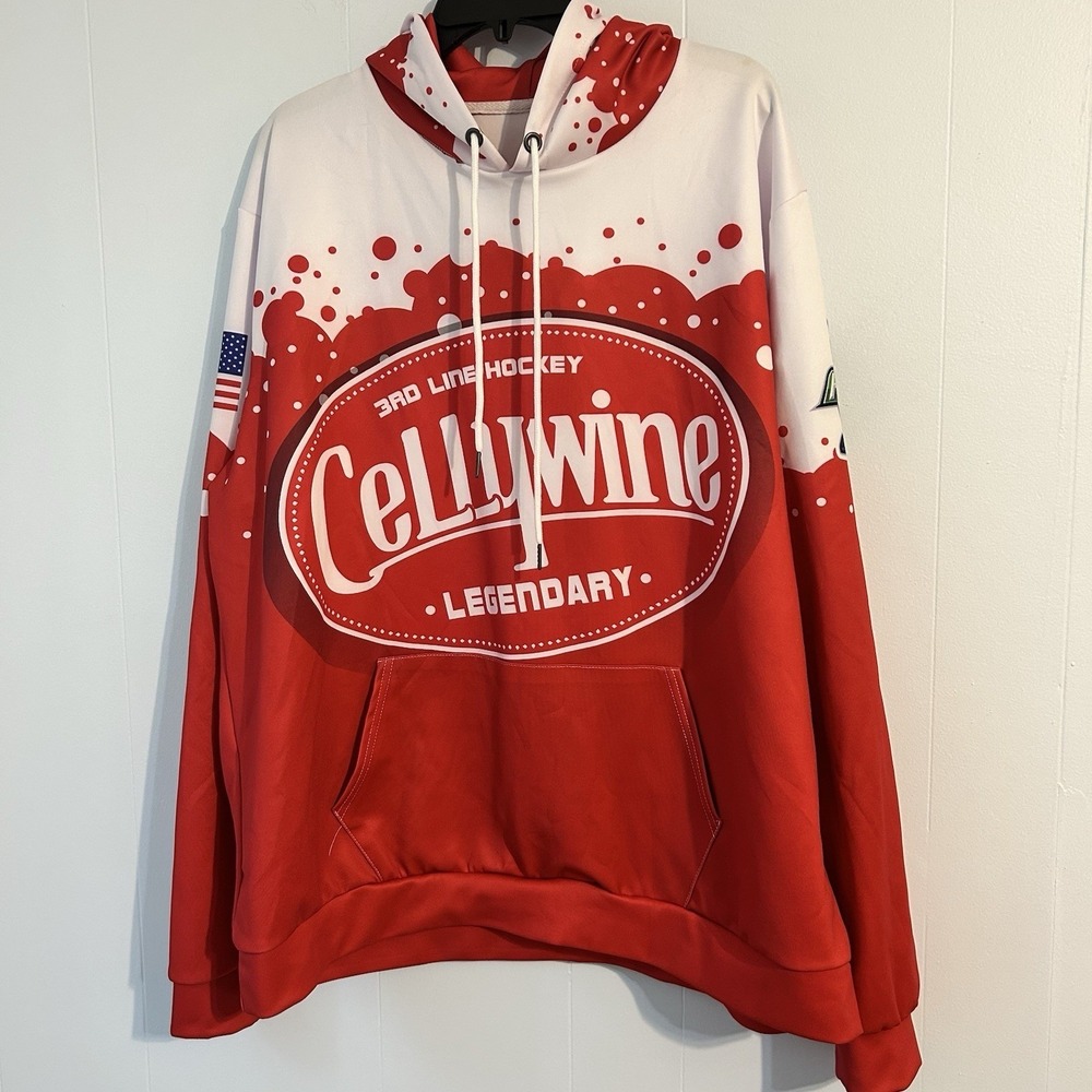 3rd Line Hockey Cellywine Legendary Red White Graphic Hoodie Mens Large HB-01